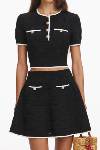 Contrast Trim Knit Two-Piece Set – Short Sleeve Top & Flared Mini Skirt