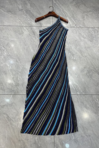 Metallic Striped One-Shoulder Knit Long Dress