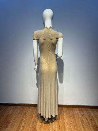Crystal Draped Cape Neck Short Sleeve Long Dress