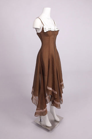 Spaghetti Strap Corset Organza Asymmetric Long Dress with Embroidered Collar Detail