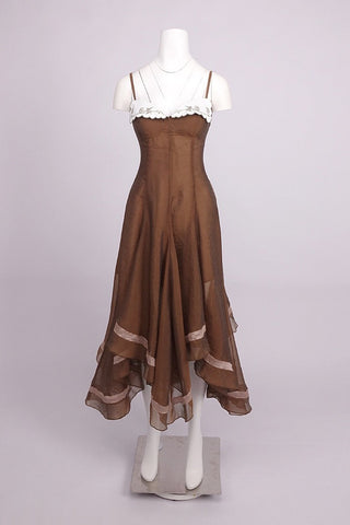 Spaghetti Strap Corset Organza Asymmetric Long Dress with Embroidered Collar Detail