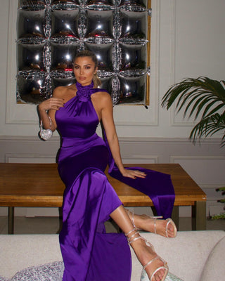 Elegant Purple Satin One-Shoulder Evening Long Dress