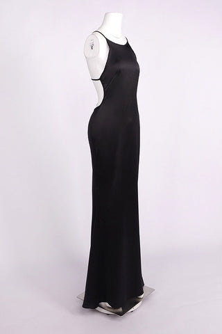 Satin Halter Long Dress with Crystal Open Back Detail