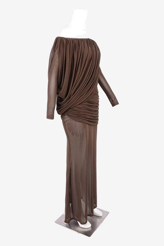 Off-Shoulder Draped Mesh Long Sleeve Long Dress