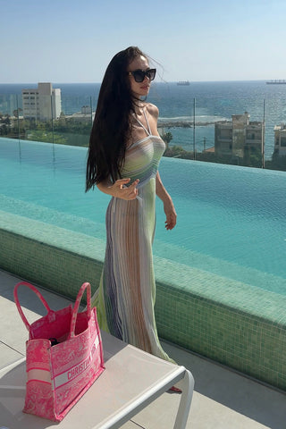 Halter Neck Contrast Stripe Pleated Long Dress