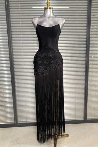 Strapless Floral Appliqué Fringe Long Dress with Bodycon Silhouette