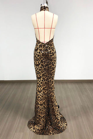 Leopard Print Long Dress – High Neck Sleeveless Sequin Mesh Fabric & Open Back Design