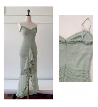 Elegant Sleeveless Long Mesh Dress with Ruffled Details