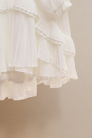 Chiffon Cut-Out Mini Dress – Long Sleeve Pleated Ruffle Dress