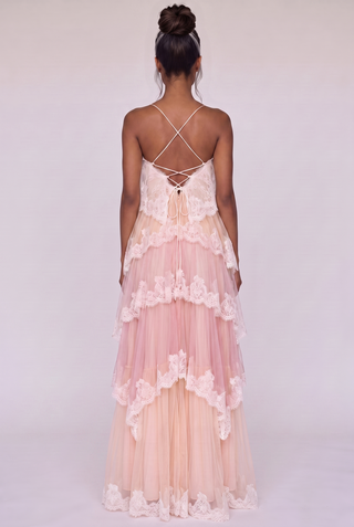 Tiered Lace Long Dress – Layered Ruffle Design, Crisscross Back & Flowy Fit