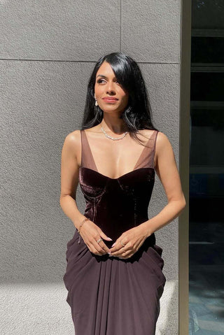 Sleeveless Velvet Corset Long Dress with Mesh Straps & Draped Chiffon Skirt