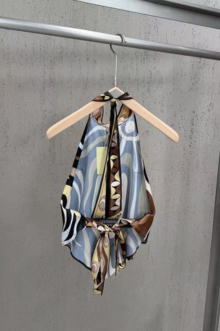 Abstract Swirl Print Satin Halter Top & High-Waisted Mini Skirt Set