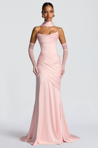 Satin Draped Corset Long Dress with Scarf – Elegant Strapless Design