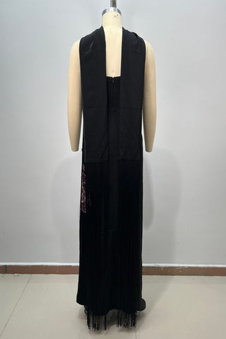 Floral Sequin Fringe Strapless Long Dress with Scarf