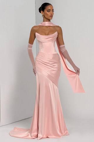 Satin Draped Corset Long Dress with Scarf – Elegant Strapless Design