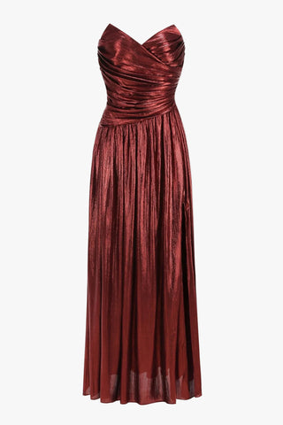 Strapless Metallic Pleated Long Dress with High Slit
