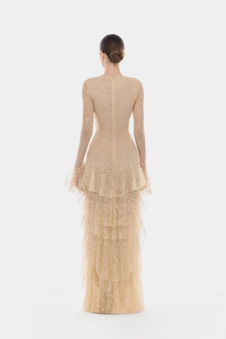 Tiered Lace Ruffle Long Dress with Flared Sleeves