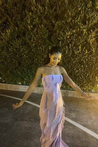 Strapless Lavender Beaded Long Crepe Dress with Fringe Embellishments