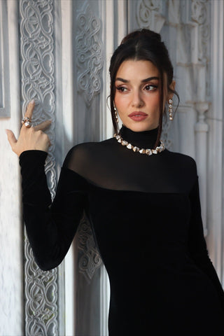 Velvet Mesh High Neck Long Dress – Long Sleeve Evening Gown