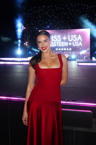 Square Neck Fitted Bodice Long Dress with Flared Satin Skirt