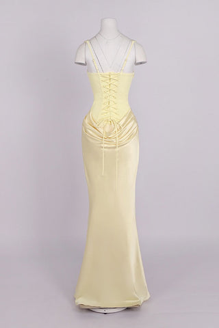 Romantic Sleeveless Corset Long Dress with Draped Waist & Lace-Up Back
