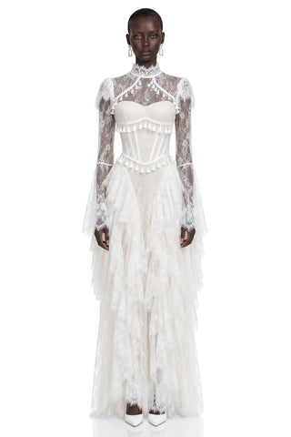 Lace Corset Long Dress with Ruffle Layers & Flared Sleeves