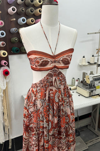 Strapless Printed Chiffon Long Dress – Sleeveless, Fluid Draped Fit with Open Back