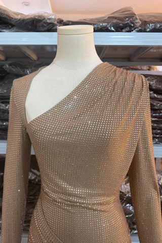 Glam Crystal Asymmetric Neck Ruched Long Sleeve Mini Dress