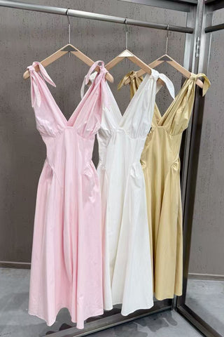 Tie-Shoulder V-Neck Open Back Flared Midi Dress