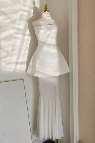 Strapless Crepe Peplum Corset Long Dress with Flowy Mesh Skirt