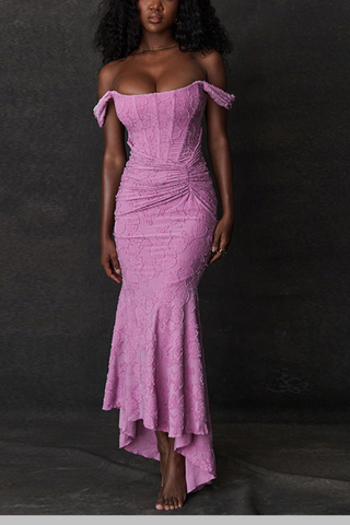 Lace Ruched Fishbone Long Dress