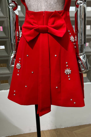 Crystal Embellished Open Back Bow Mini Dress