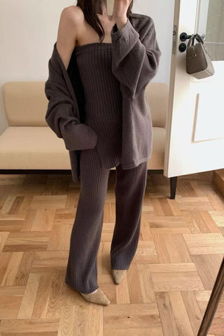 Comfy Ribbed Knit Three-Piece Cardigan, Top & Wide-Leg Pants Set