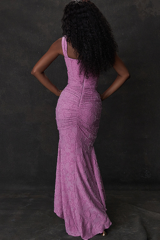 Lace Ruched Fishbone Long Dress