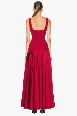 Square Neck Fitted Bodice Long Dress with Flared Satin Skirt