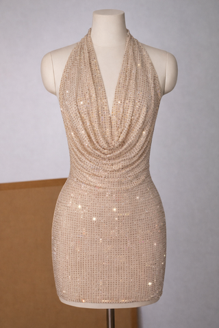 Rhinestone Halter Neck Draped Mini Dress