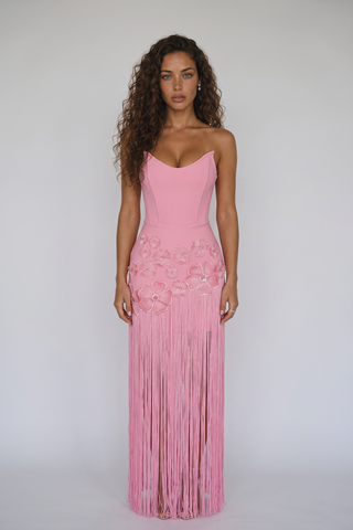 Strapless Floral Appliqué Fringe Long Dress with Bodycon Silhouette