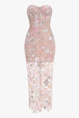 Strapless Embroidered Lace Long Dress – Sleeveless, Structured Bodice, Floral Lace Finish