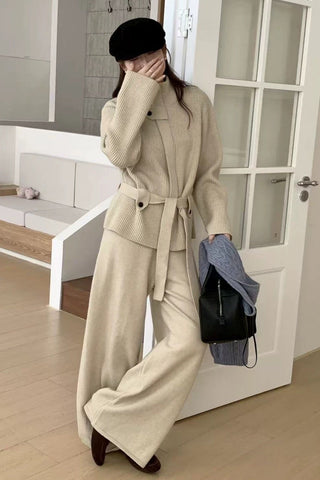 Elegant Ribbed Knit Belted Jacket & Wide Leg Pants Set