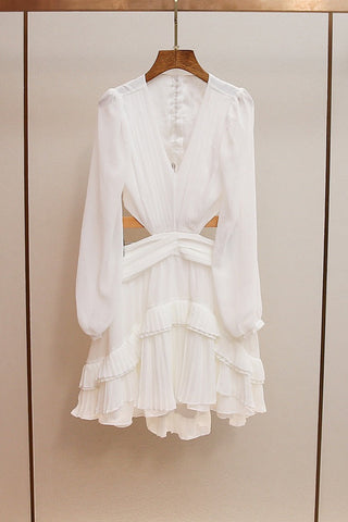 Chiffon Cut-Out Mini Dress – Long Sleeve Pleated Ruffle Dress