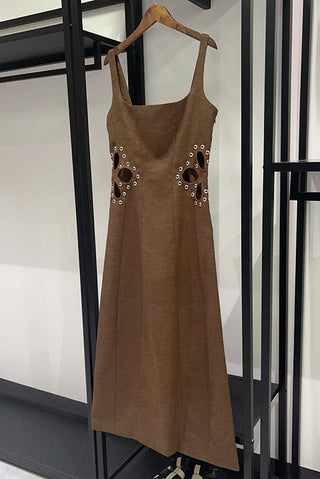 Statement Cut-Out Linen Blend Long Dress with Metal Eyelet Details