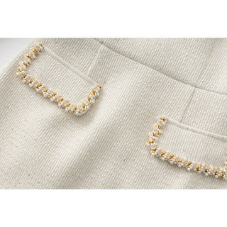 Pearl Trim Tweed Long Sleeve Square Neck Dress