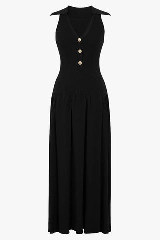 Ribbed Knit Sleeveless Collared V-Neck Long Dress with Gold Buttons & Flared Skirt
