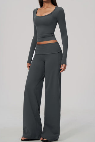 Scoop Neck Long Sleeve Top & Foldover Wide-Leg Pants Set
