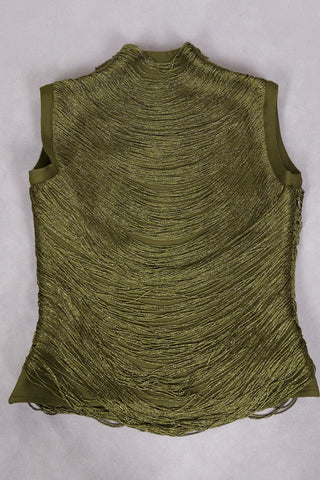 Sleeveless Bandage Metallic Top & Satin Skirt Set – Sculpted High Neck, Fluid Draped Fit, Refined Evening Look