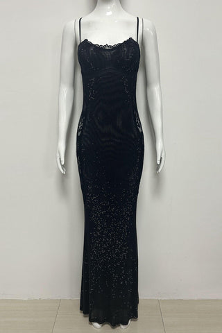 Sequin Lace Corset Long Dress – Spaghetti Strap Evening Gown