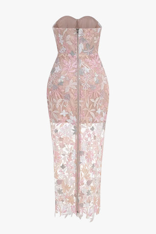 Strapless Embroidered Lace Long Dress – Sleeveless, Structured Bodice, Floral Lace Finish
