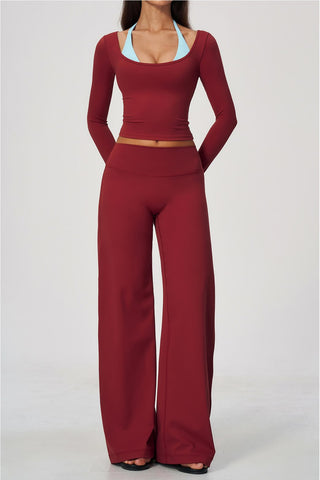 Scoop Neck Long Sleeve Top & Wide-Leg Pants Set