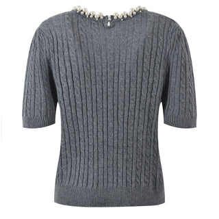 Pearl Embellished Cable Knit Short Sleeve Top.