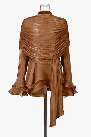 Draped Sheer Layered Dress with High Neck and Flared Cuffs
